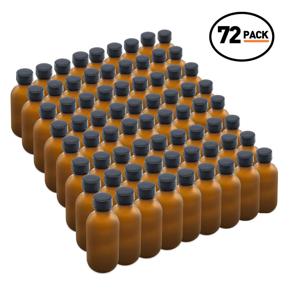 2 oz Amber Frosted Glass Boston Round Bottles With Black Lids (72 Pack)