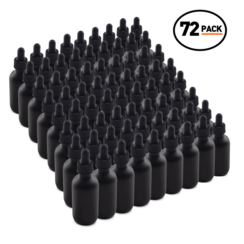 2 oz Black Frosted Boston Round Glass Bottle With Black Dropper (72 Pack)