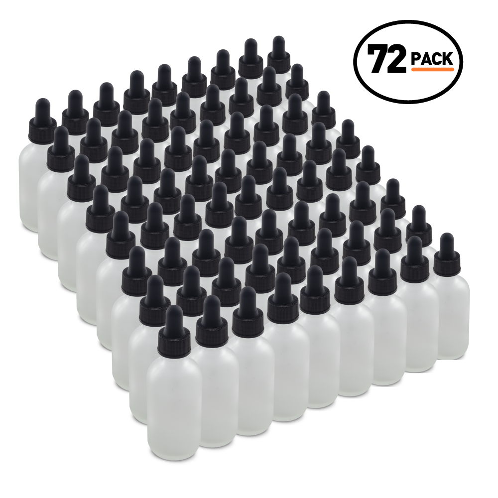 2 oz Clear Frosted Boston Round Glass Bottle With Black Dropper (72 Pack)