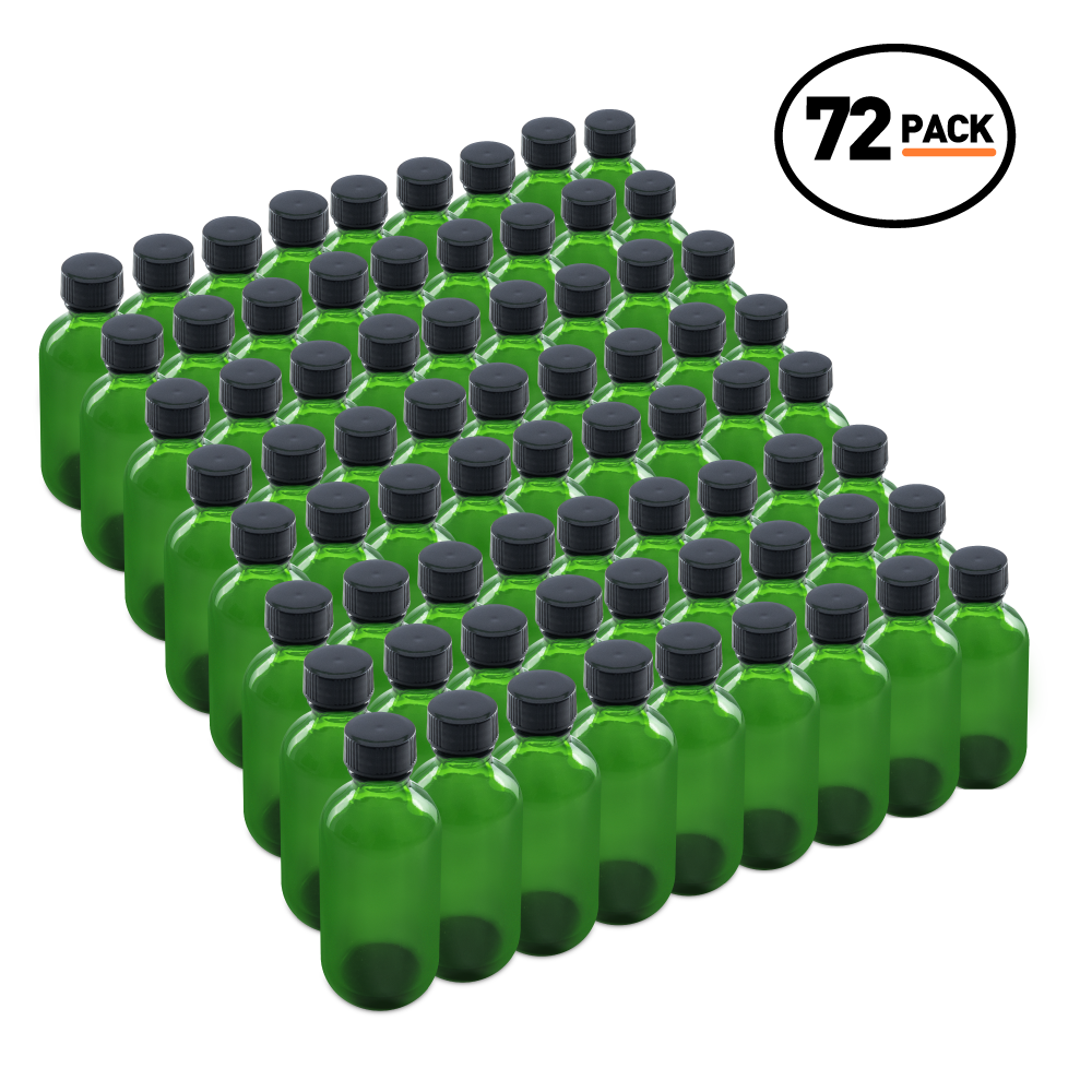 2 oz Green Glass Boston Round Bottles With Black Lids (72 Pack)