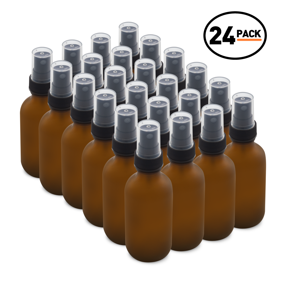 2 oz Amber Frosted Glass Boston Round Bottles With Black Fine Mist Sprayers (24 Pack)