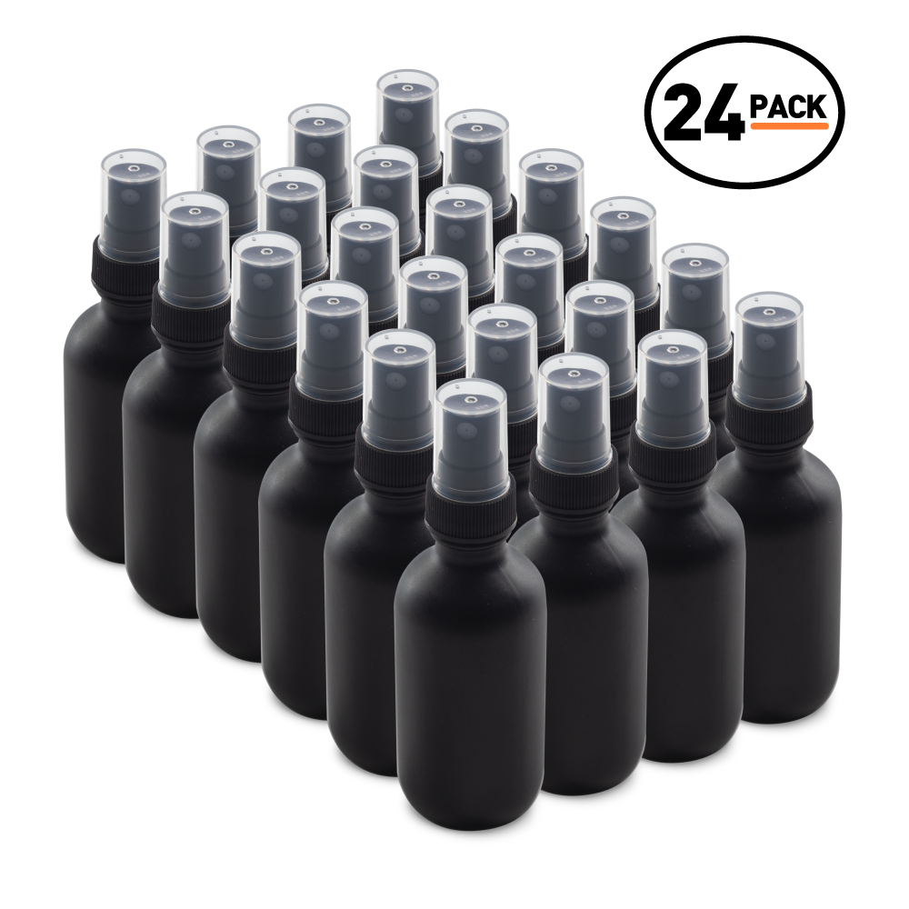2 oz Black Frosted Glass Boston Round Bottles With Black Fine Mist Sprayers (24 pack)