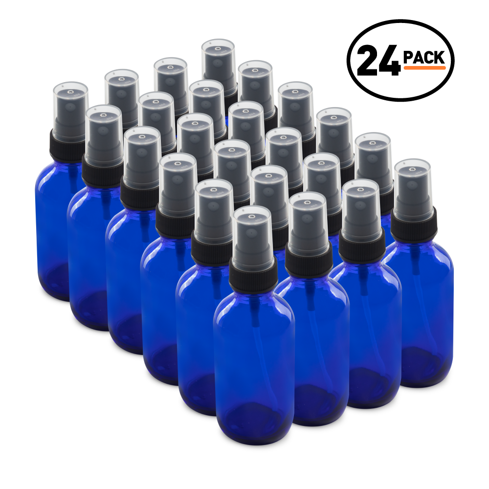 2 oz Blue Glass Boston Round Bottles With Black Fine Mist Sprayers (24 Pack)