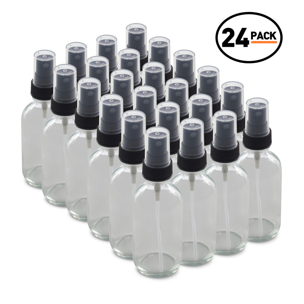 2 oz Clear Glass Boston Round Bottles With Black Fine Mist Sprayers (24 Pack)