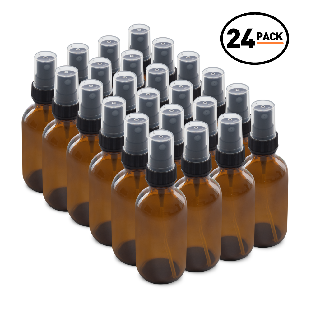 2 oz Amber Glass Boston Round Bottles With Black Fine Mist Sprayers (24 Pack)