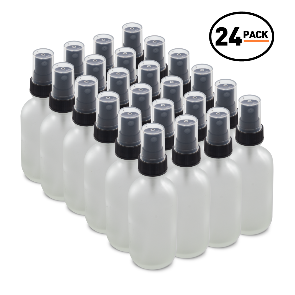 2 oz Clear Frosted Glass Boston Round Bottles With Black Fine Mist Sprayers (24 Pack)