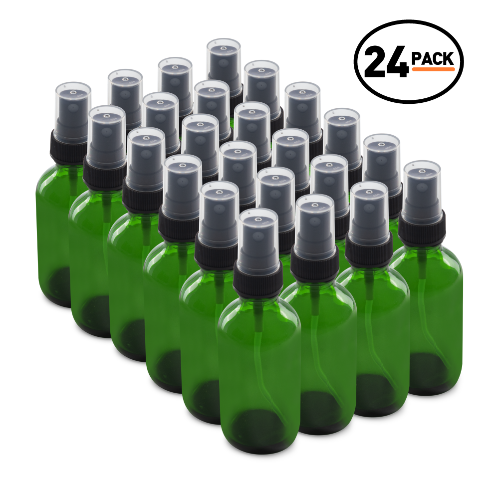 2 oz Green Glass Boston Round Bottles With Black Fine Mist Sprayers (24 Pack)