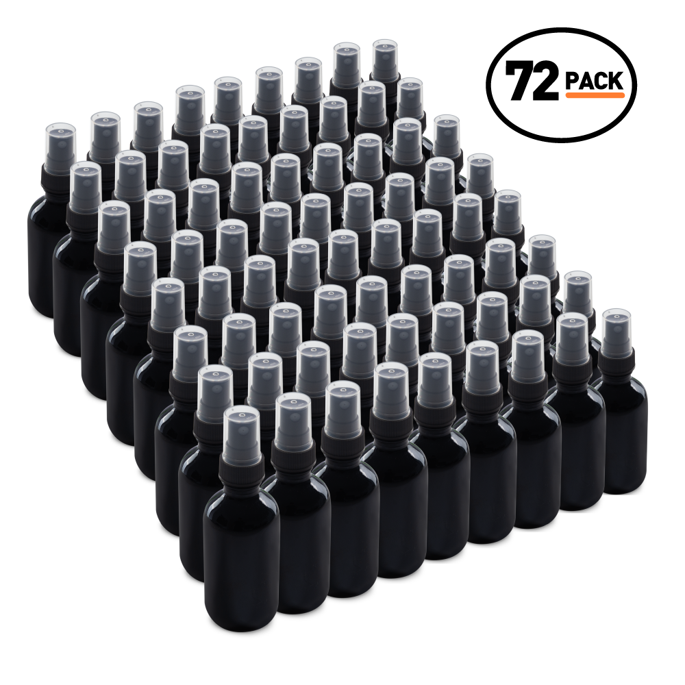 2 oz Black UV Glass Boston Round Bottles With Black Fine Mist Sprayers (72 pack)