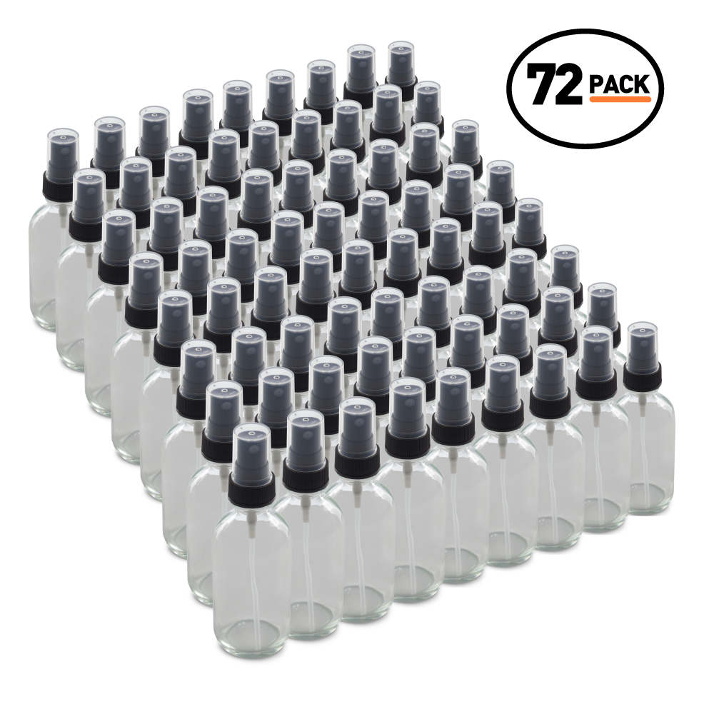 2 oz Clear Glass Boston Round Bottles With Black Fine Mist Sprayers (72 Pack)
