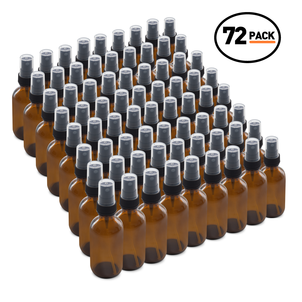 2 oz Amber Glass Boston Round Bottles With Black Fine Mist Sprayers (72 Pack)