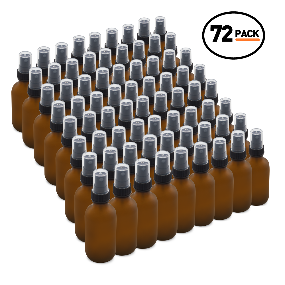 2 oz Amber Frosted Glass Boston Round Bottles With Black Fine Mist Sprayers (72 Pack)