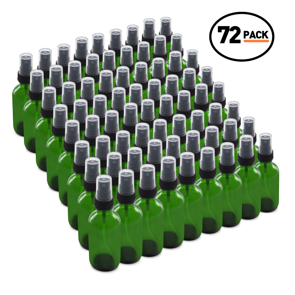 2 oz Green Glass Boston Round Bottles With Black Fine Mist Sprayers (72 Pack)