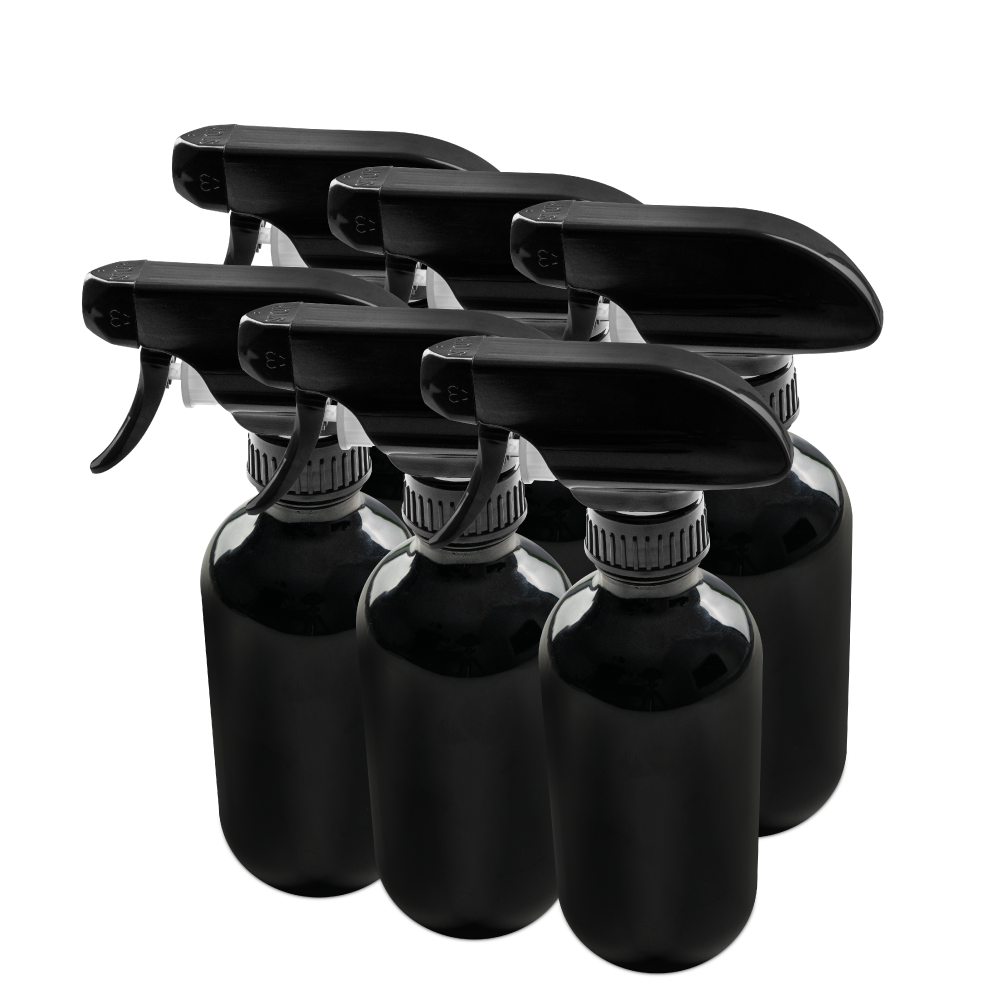 8 oz Black UV Glass Boston Round Bottle With Black Trigger Sprayer
