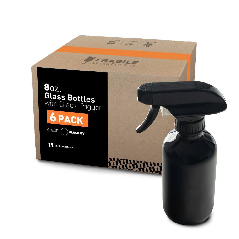 8 Oz Black UV Glass Boston Round Bottle With Black Trigger Sprayer 6 Pack 8-oz-black-uv-glass-boston-round-bottle-with-black-trigger-sprayer-6-pack