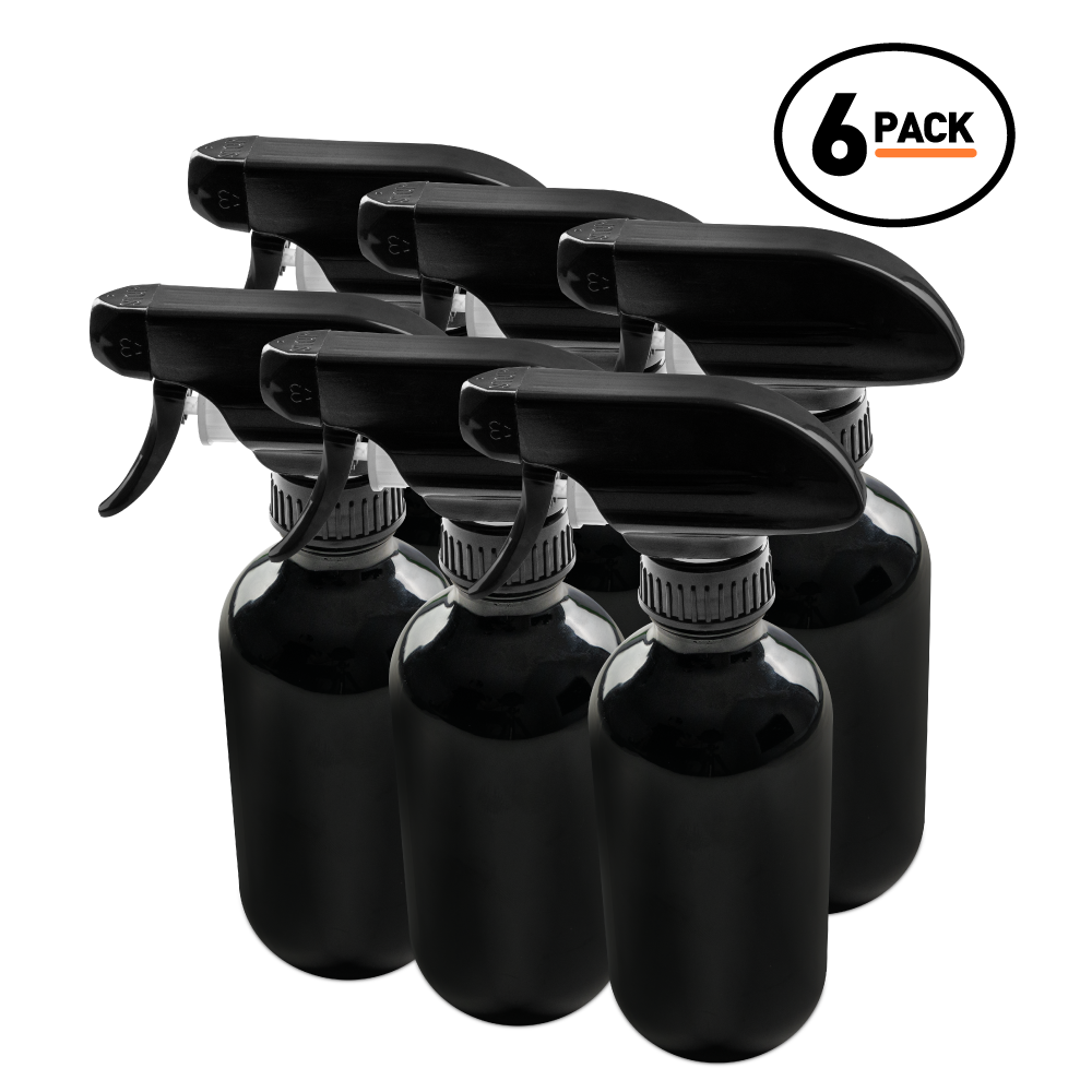 8 oz Black UV Glass Boston Round Bottle With Black Trigger Sprayer (6 Pack)