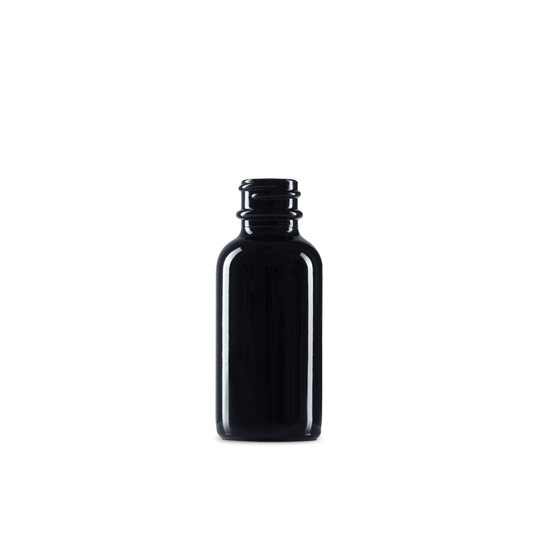 1 oz Black UV Glass Boston Round Bottle 20-400 Neck Finish