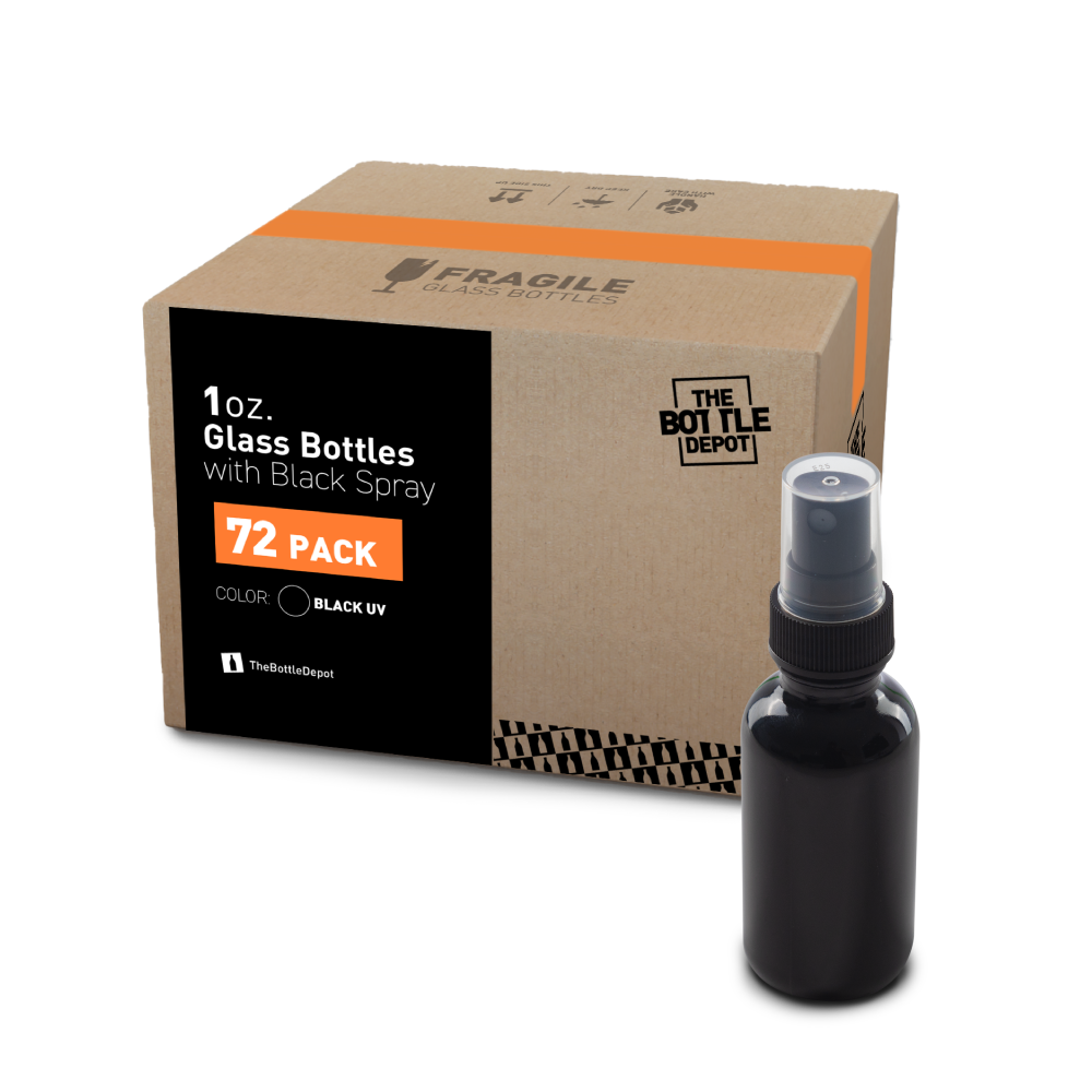 1 oz Black UV Glass Boston Round Bottles With Black Fine Mist Sprayers (72 pack)