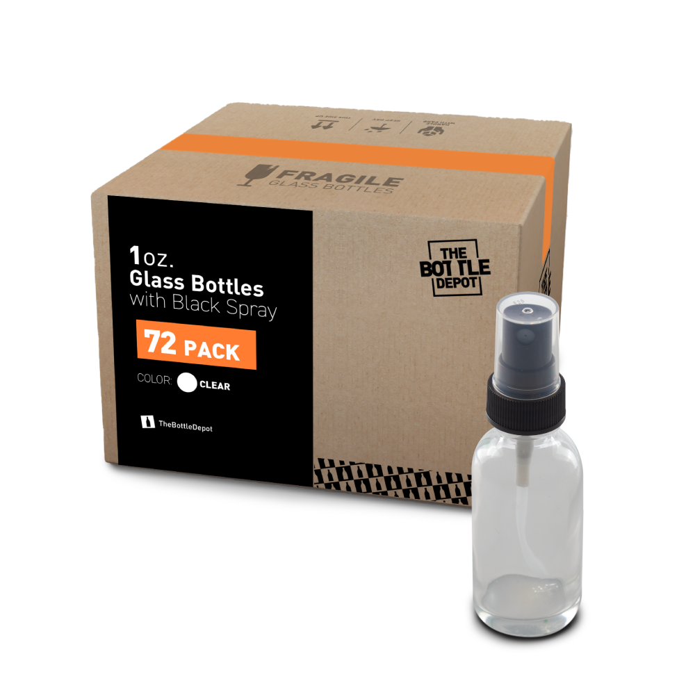 1 oz Clear Glass Boston Round Bottles With Black Fine Mist Sprayers (72 Pack)