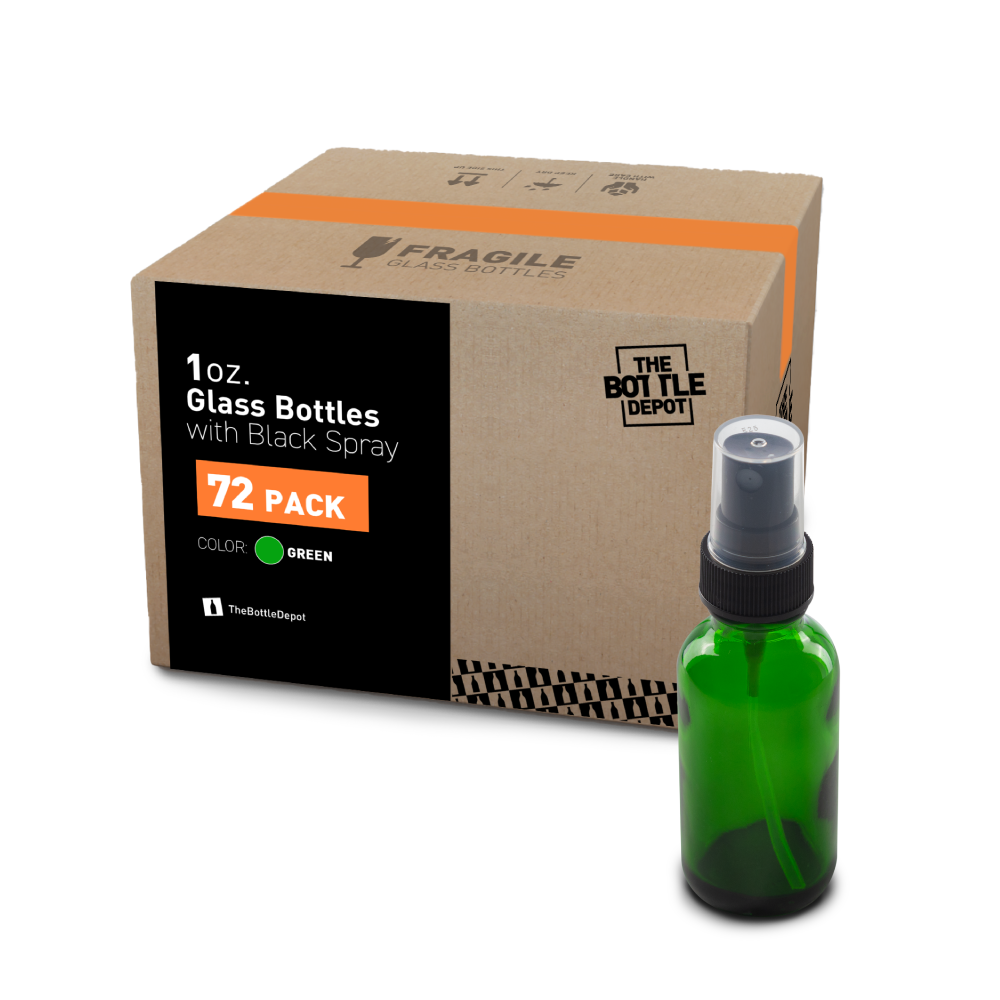 1 oz Green Glass Boston Round Bottles With Black Fine Mist Sprayers (72 pack)