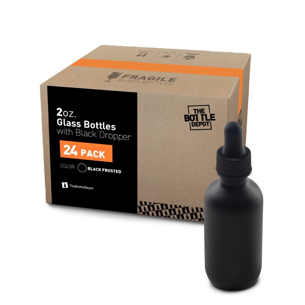 2 oz Black Frosted Boston Round Glass Bottle With Dropper (24 Pack)
