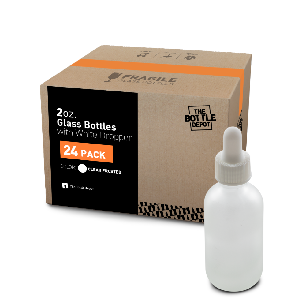 2 oz Clear Frosted Glass Boston Round Bottle With White Dropper (24/72 Pack)