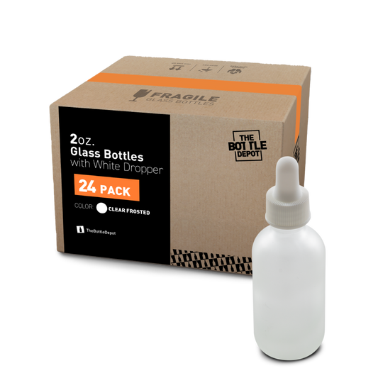 2 oz Clear Frosted Glass Boston Round Bottle With White Dropper (24/72 Pack)