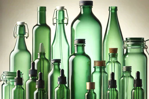 a collection of green glass bottles