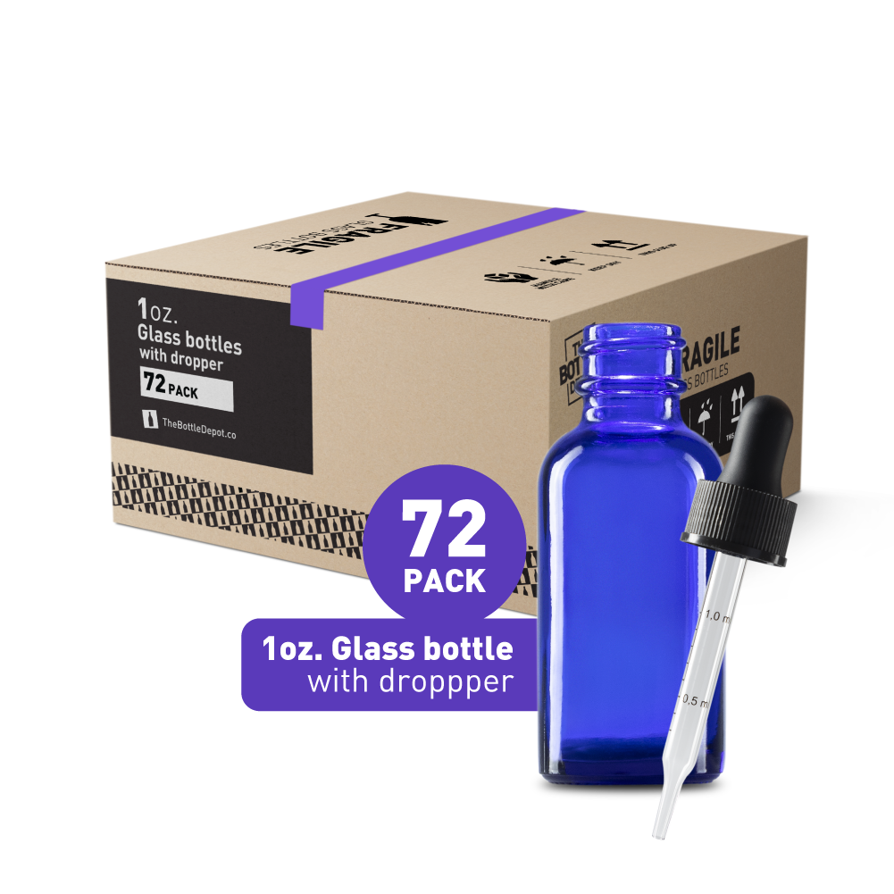 1 oz Blue Glass Boston Round Bottles With Black Fine Mist Sprayers (24/72 Pack)