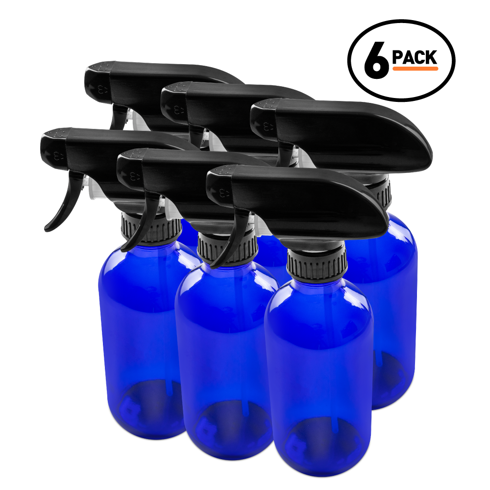 8 oz Blue Glass Boston Round Bottle With Black Trigger Sprayer (6 Pack)