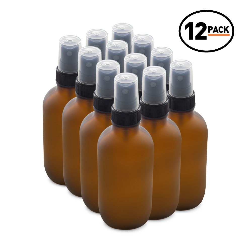 4 oz Amber Frosted Glass Boston Round Bottles With Black Fine Mist Sprayers (12 Pack)