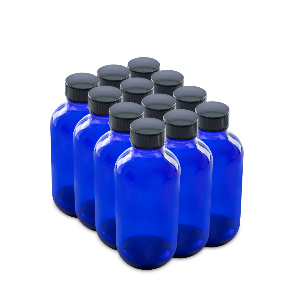 4 oz Blue Glass Boston Round Bottles With Black Lids (12 Pack)