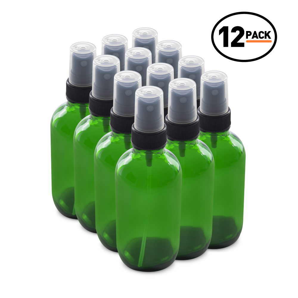4 oz Green Glass Boston Round Bottles With Black Fine Mist Sprayers (12 Pack)