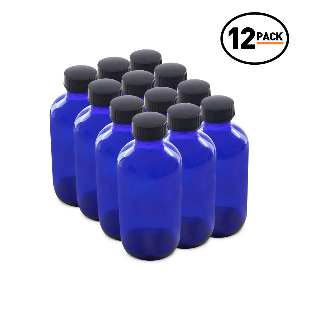8 oz Blue Glass Boston Round Bottles With Black Lids (12 Pack)