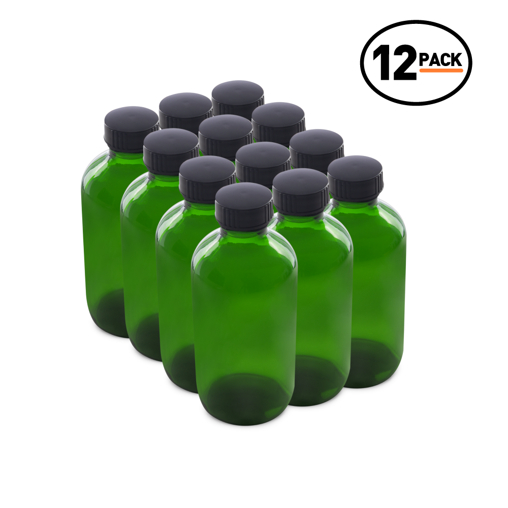 8 oz Green Glass Boston Round Bottles With Black Lids (12 Pack)