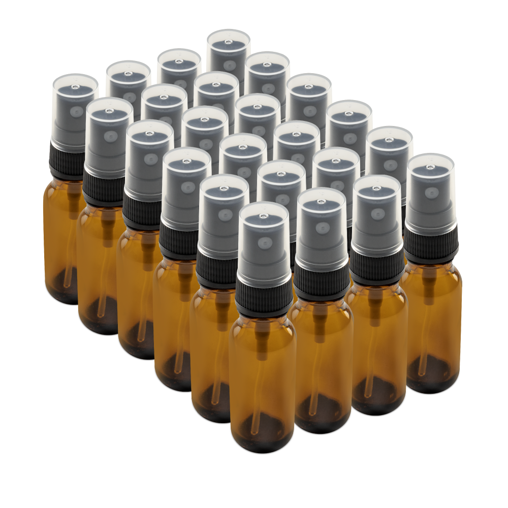 0.5 oz Amber Glass Boston Round Bottles With Black Fine Mist Sprayers (24/72 Pack)