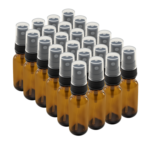 0.5 oz Amber Glass Boston Round Bottles With Black Fine Mist Sprayers (24/72 Pack)
