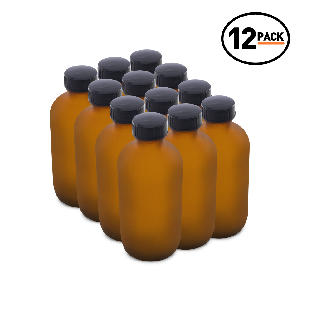 8 oz Amber Frosted Glass Boston Round Bottles With Black Lids (12 Pack)