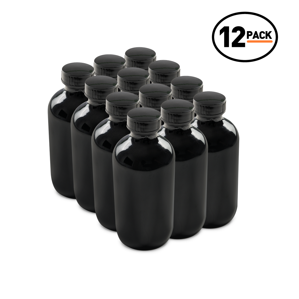8 oz Black UV Glass Boston Round Bottles With Black Lids (12 Pack)