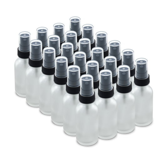1 oz Clear Frosted Glass Boston Round Bottles With Black Fine Mist Sprayers (24/72 Pack)