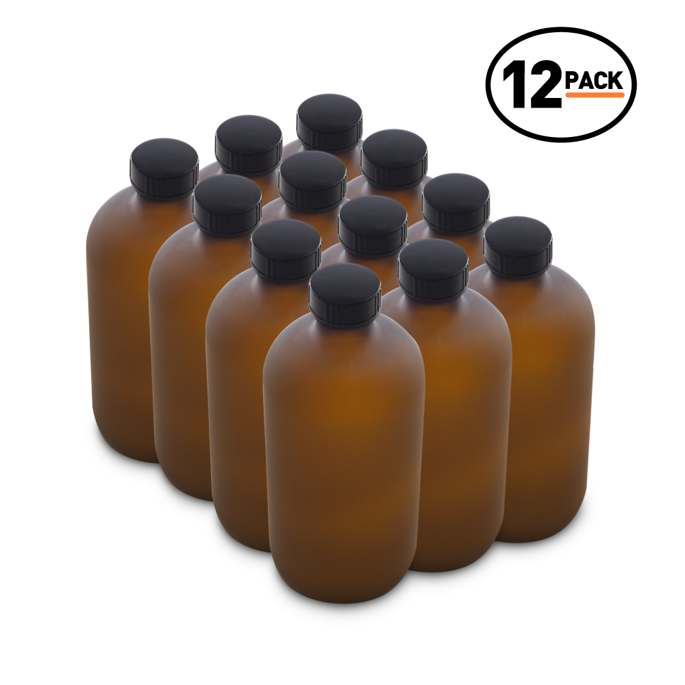 16 oz Amber Frosted Glass Boston Round Bottles With Black Lids (12 Pack)