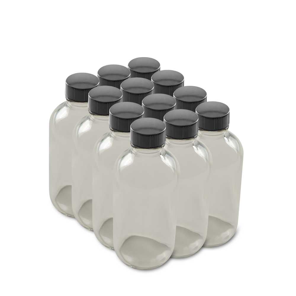 4 oz Clear Glass Boston Round Bottles With Black Lids (12 Pack)