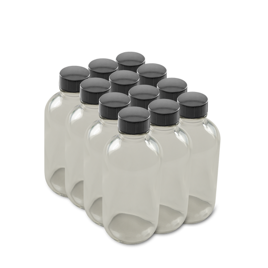 4 oz Clear Glass Boston Round Bottles With Black Lids