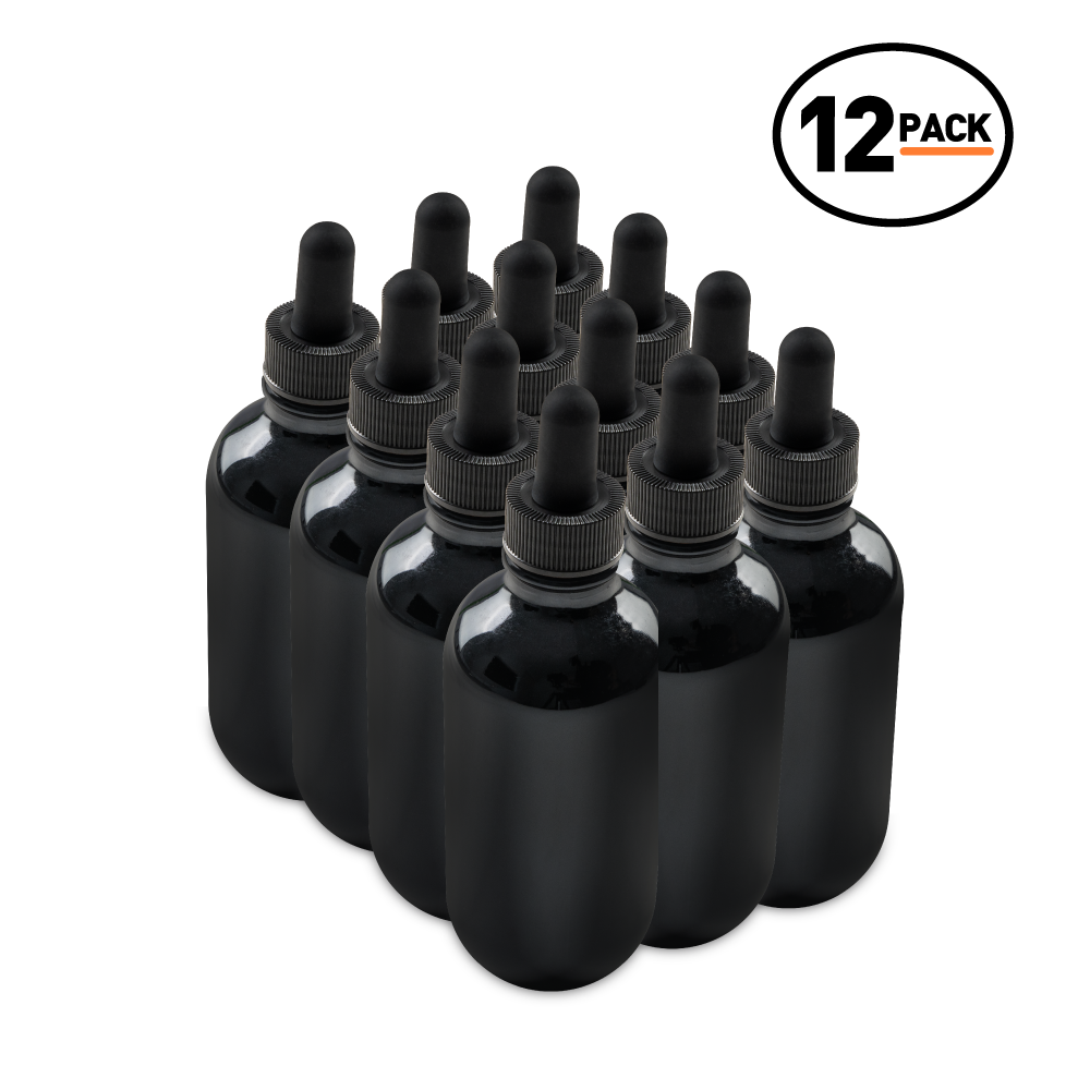 4 oz Black UV Glass Boston Round Bottle With Black Dropper (12 Pack)