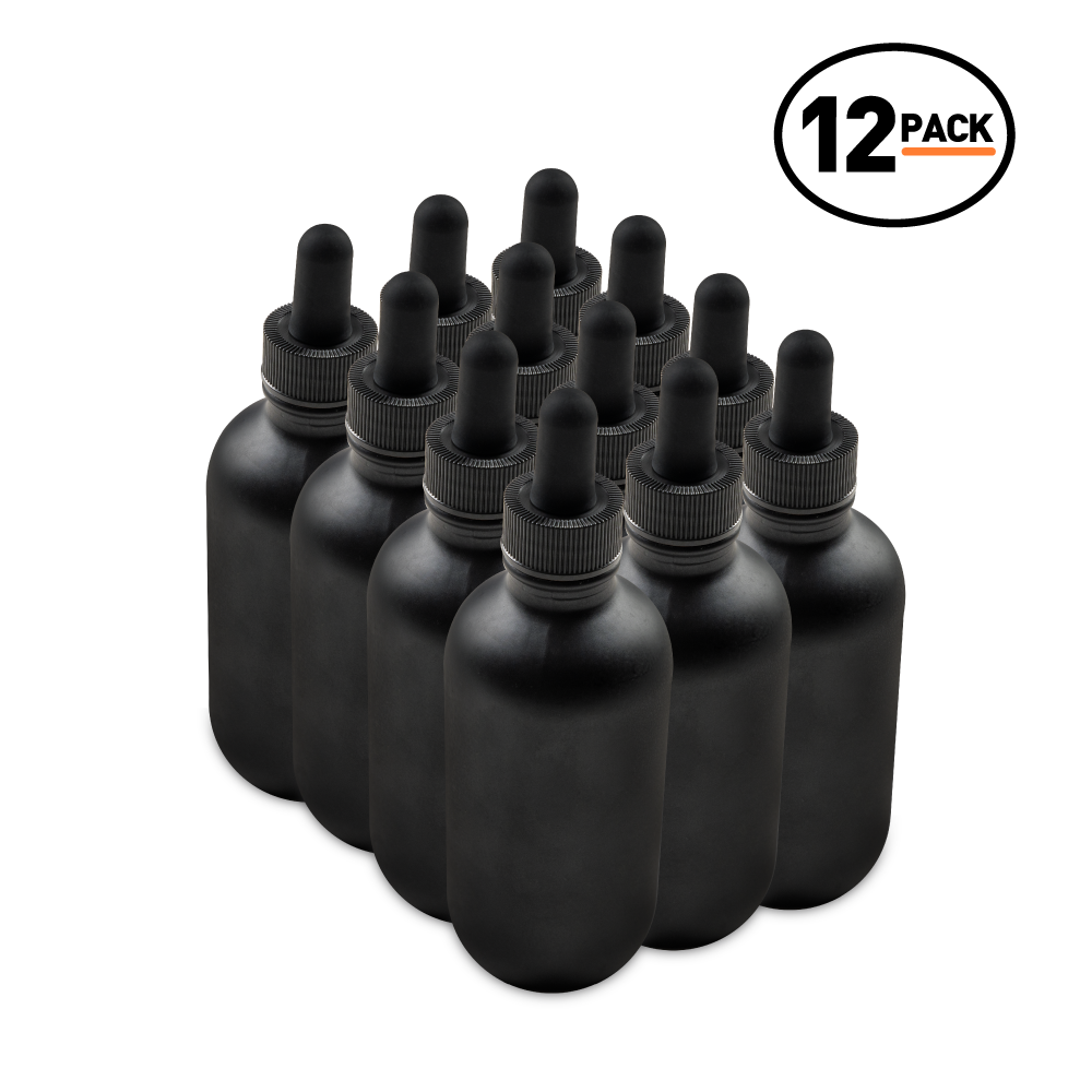 4 oz Black Frosted Glass Boston Round Bottle With Black Dropper (12 Pack)