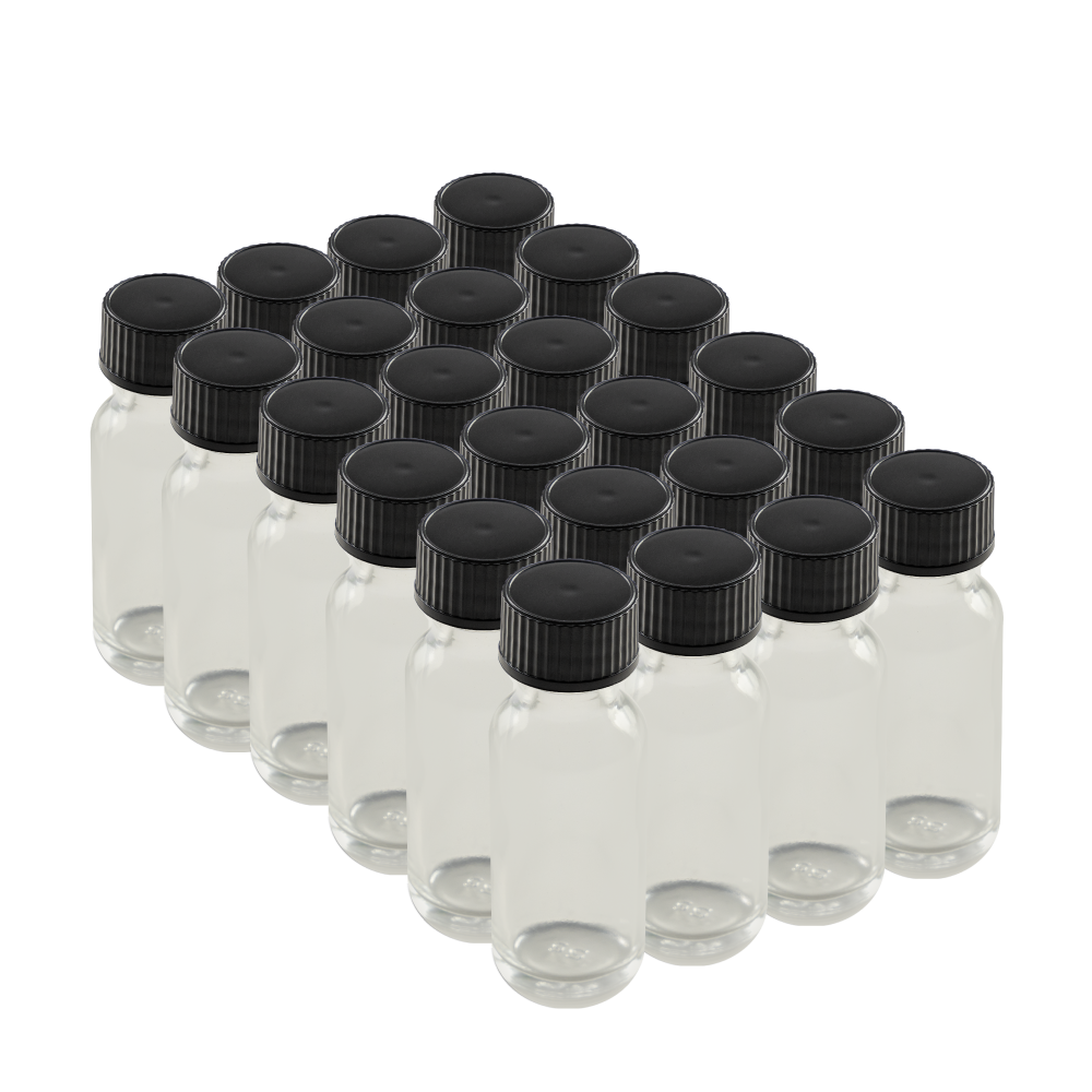 0.5 oz Clear Glass Boston Round Bottles With Black Lids (24/72 Pack)