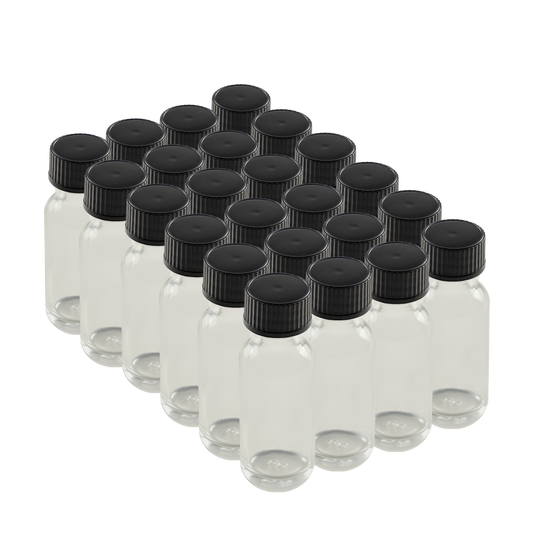 0.5 oz Clear Glass Boston Round Bottles With Black Lids (24/72 Pack)