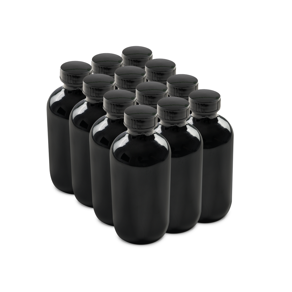 8 oz Black UV Glass Boston Round Bottles With Black Lids (12 Pack)