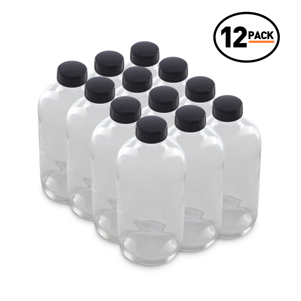16 oz Clear Glass Boston Round Bottles With Black Lids (12 Pack)