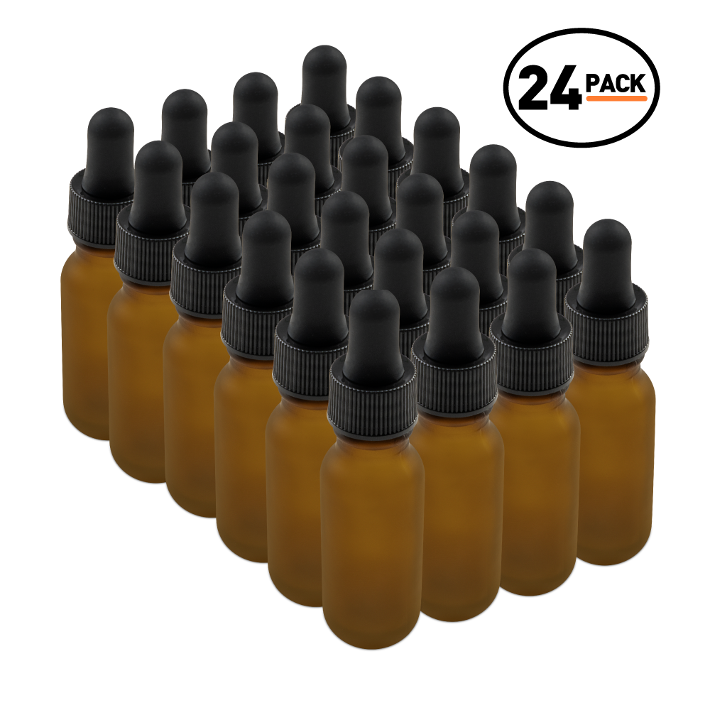 0.5 oz Amber Frosted Glass Boston Round Bottle With Black Dropper (24/72 Pack)