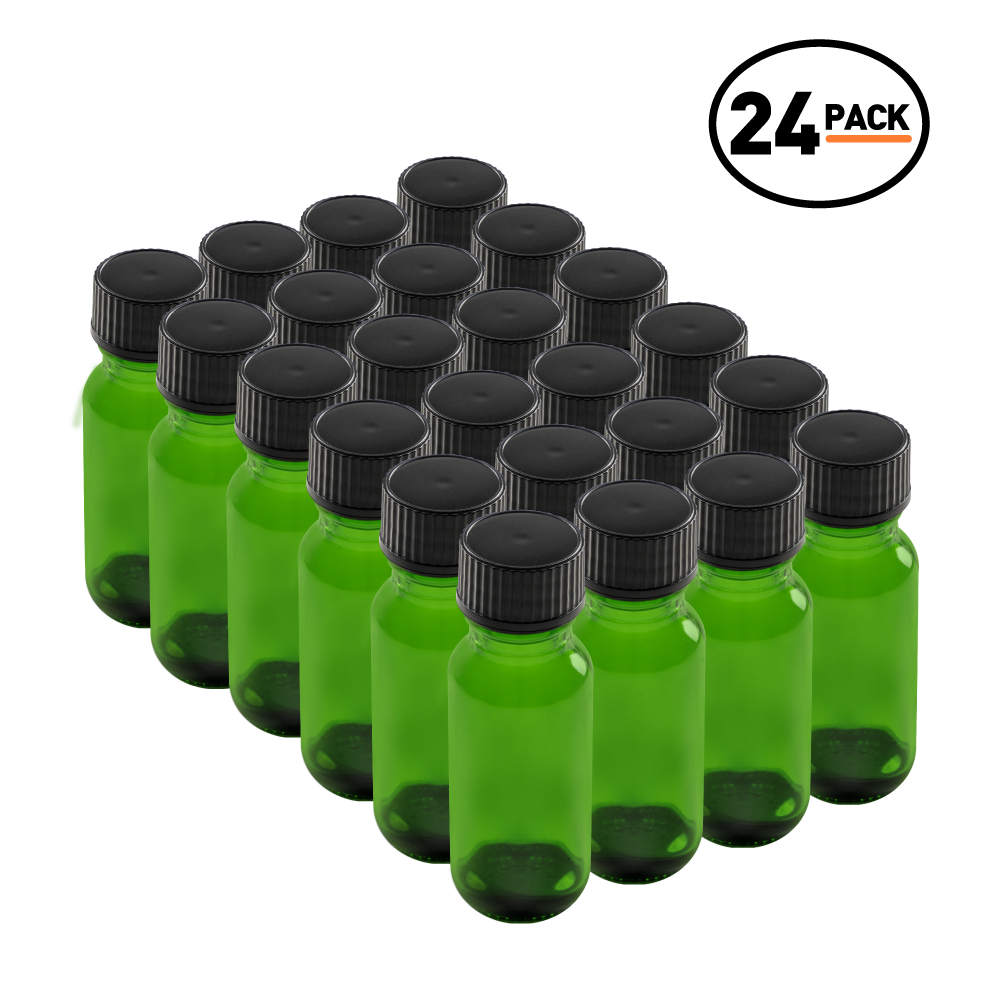 0.5 oz Green Glass Boston Round Bottles With Black Lids (24/72 Pack)